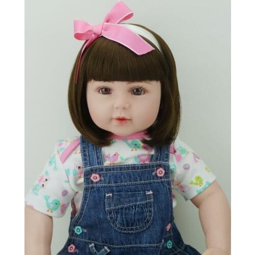 22 Inch Baby Girl Doll Toy Birthday Gift Soft Vinyl Toddler Reborn Baby Doll In Denim Dress with Bow Headband Christmas Gifts