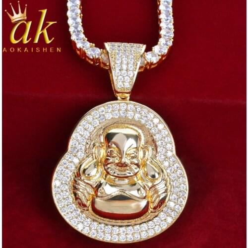 Buddha Pendant Cooper Cubic Zircon Gold Color Necklace Hip Hop Jewelry