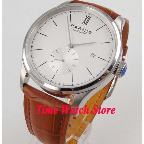 Simple style 42mm Parnis 5ATM white dial silver hands date display ST1731 Automatic wrist watch men 955