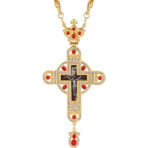 2020 New Pectoral Cross Orthodox Jesus Greece Crucifix Pendants Plated Gold Jesus Pendant Cross Necklace with Red Crystal