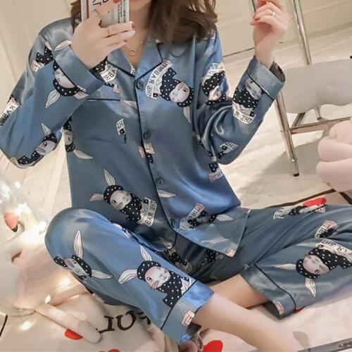 Womens Home Clothes Cartoon Print Pajamas Tops+Pants Cotton Silk Soft Pijama Set Mujer Long Sleeve Loungewear 2021 Sleepwear