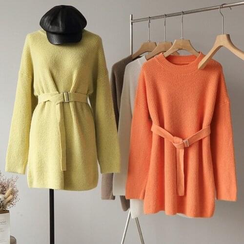Solid Bat Sleeved Oversized Sweater Dress with Belt Women Loose Sexy BF Girls Warm Winter Long Sleeve Tops New Korean Fashion