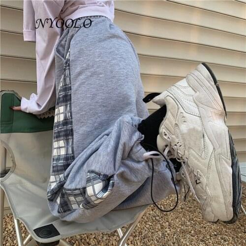 NYOOLO Casual Streetwear Plaid Patchwork Elastic Waist Straight Joggers Pants Women Men Vintage Ankle Length Hip Hop Trousers