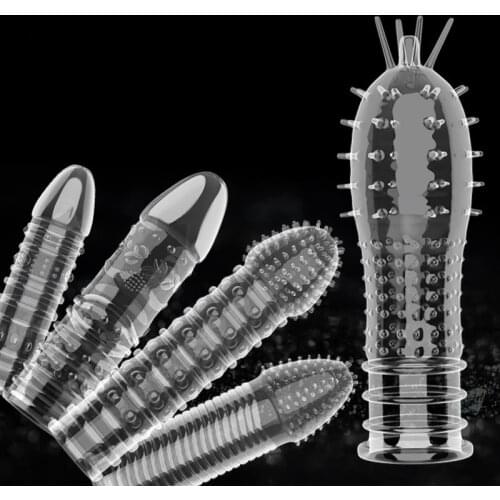 2Pcs Reusable Condom Penis Sleeve Male Enlargement Time Delay Spike Clit Massager Cover Crystal Clear Condoms Adult Sex Toy