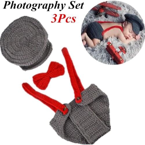 Newborn Photography Prop Baby Girl Photo Crochet Knit Costume Gentleman Knitted Infant Hat and Toy Set