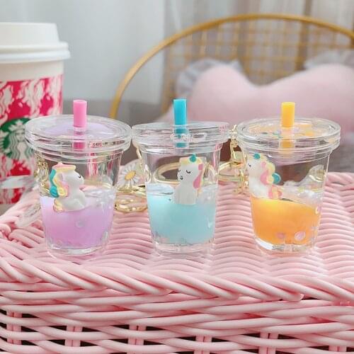 Cartoon Glitter Quicksand Key Chain Liquid Floating Unicorn Anime Keyring Keychain Bag Charm Pendant Gift for Women Girls D843