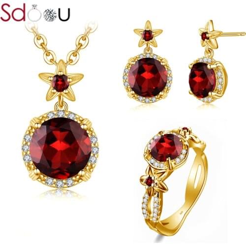 SDOOU Bridal Jewelry Sets For Women Real 925 Silver Ring Earring Pendant Set Red Garnet Gemstone 14k Gold Jewelry Wedding Gift