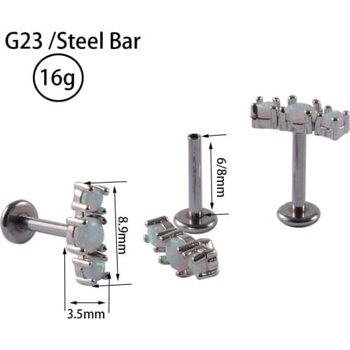 1Piece Trio Opal Zircon Titanium G23 Surgical Stainless Steel Labret Monore Lip Stud Ring Ear Tragus Cartilage Earrings Piercing