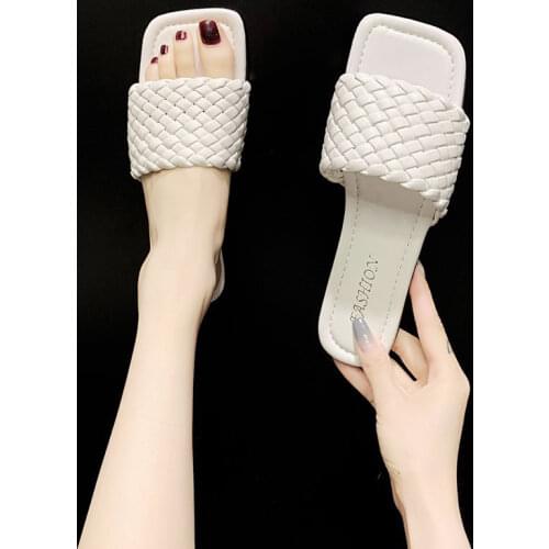 Women Square Toe Slippers 2021 Summer Woman Weave Casual Flats Ladies Fashion Home Slides Female Beach Shoes Plus Size 36-43