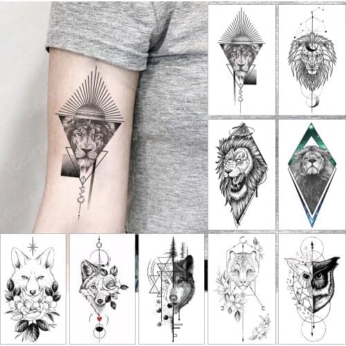 Waterproof Temporary Tattoo Sticker Line Lion Sunset Flash Tatoo Wolf Fox Animal Arm Wrist Fake Tatto For Body Art Women Men
