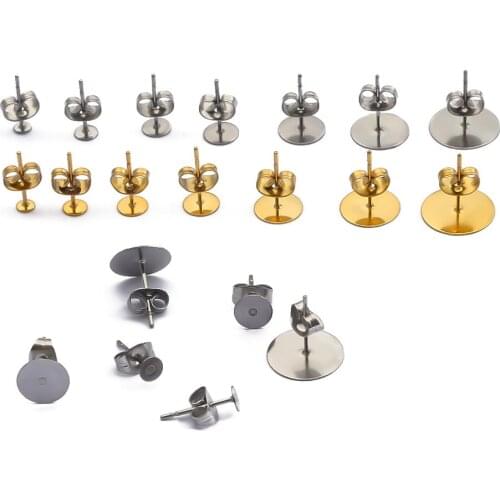 20-100pcs 7 Sizes Stainless Steel Blank Post Earring Studs Base Pins With Earring Plug Findings Ear Back For DIY Jewelry Making