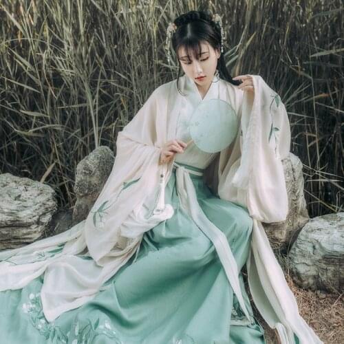 XinHuaEase Hanfu Womens Chinese Style Wide Sleeve Long Skirt Blossom Fairy Suit Student Fresh Antique Daily Big Sleeve Shirt