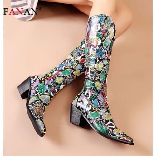 FANAN Snake Print Knee High Boots Women Pointed Toe Rubber Boots Square High Heels Western Cowboy Boots Fashion Shoes Woman 2020