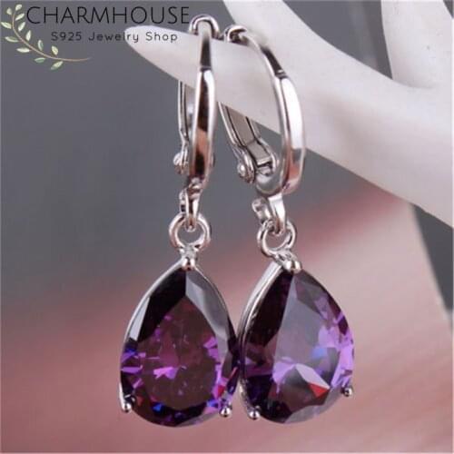 Pure Silver Hoop Earrings For Women Waterdrop Crystal Zircon Stone Drop Earring Brincos Femme Vintage Jewelry Accesories Gifts