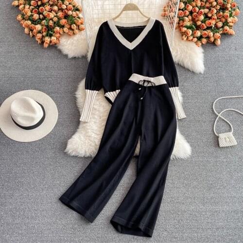Women Autumn Fashion Knitted Sweater Set Long Sleeve Pullovers Top+High Waist Long Pants Two Piece Knitwear Suit