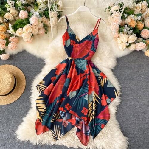 2021 Boho v neck slim floral print Midi Dress spaghetti strap sexy Summer Party Women Casual irregular dress Beach holiday dress