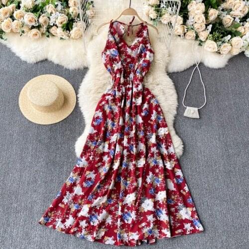 2021 Womens Spring Fashion Seaside Resort V-neck Printing Spaghetti Strap Midi Dress D0105