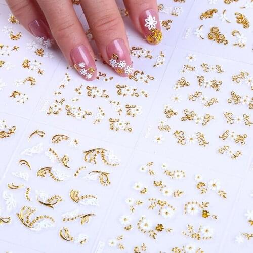 30pcs Nail Art Sticker Sets Gold & White Flower Full Water Decals for Polish Gem 3D Nail Art Water Decals Slide Sticker