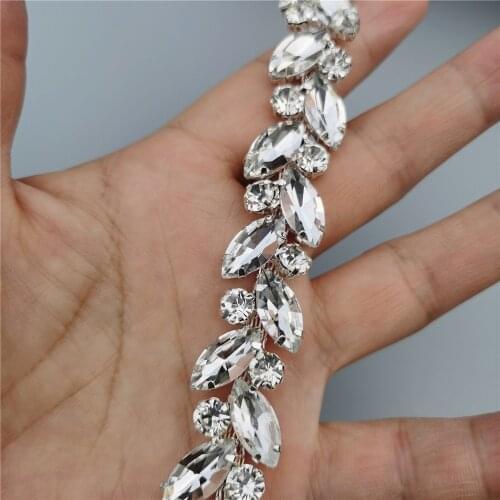 30cm Silver Leaf Glass Crystal Chain Bling Rhinestone Trim Metal Ribbon Collar Decoration Wedding Dress Clothing Accessories