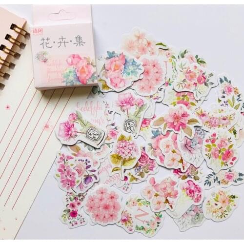 50pcs /Box Romantic Pink Flowers Rose DIY Sticker Stick Label Diary Decor