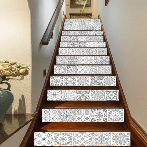 6/13pcs European Retro Pattern Stairs Stickers Home Decor Villa Stairs Art Wallpaper Peel & Stick Waterpoof PVC Wall Sticker