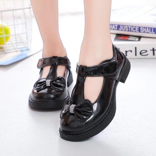 Children Leather Shoes for Girls Big Kids School Party Dress Shoes for Wedding Princess Bow-knot T-strap Sweet Oxfords Autumn