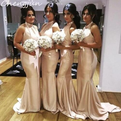 Chengjun Elegant Halter Sleeveless Long Mermaid Champagne Bridesmaid Dress