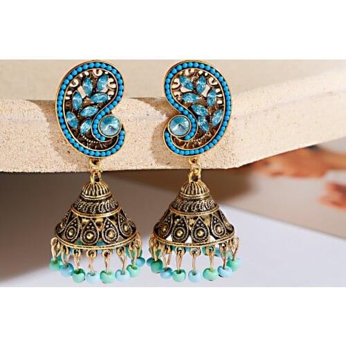 Ethnic Gold Alloy Dangle Earrings For Women Handmade Gypsy Vintage Blue Line Ear Bells Carved Earrings Indian Earrings