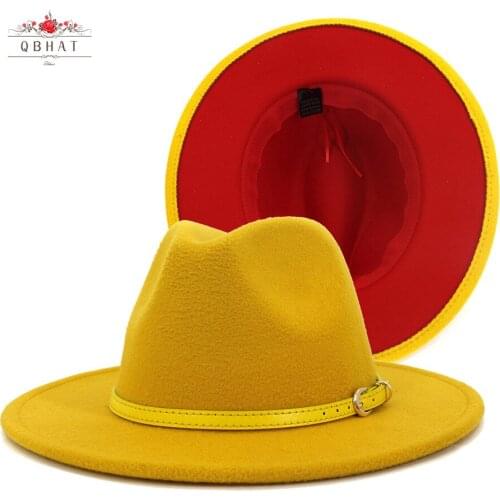 QBHAT Yellow Red Patchwork Fashion Chapeau Fedoras Wide Brim Wool Felt Bowler Women Men Jazz Fedora Caps With Yellow Belt Buckle
