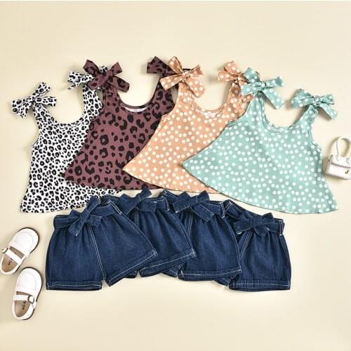 FOCUSNORM 4 Colors Summer Lovely Kids Girls Clothes Sets 3pcs Leopard Printed Sleeveless Vest Tops Denim Shorts Headband 1-5Y