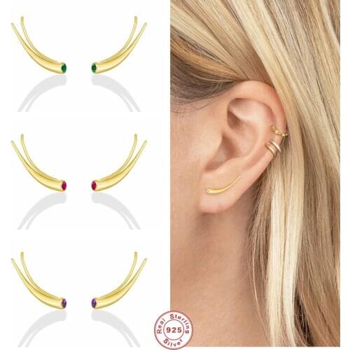 GS 925 Sterling Silver Longhorn-shaped Stud Earrings For Women Green Purple Red Zircon Ear Stud Line Ear Climbers Fine Jewelry