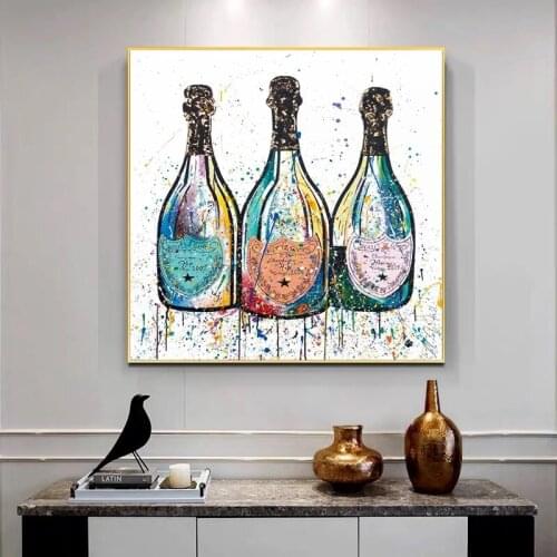 Colorful Graffiti Art Champagne Canvas Paintings Wine Posters and Prints Modern Wall Art Pictures for Living Room Decoration