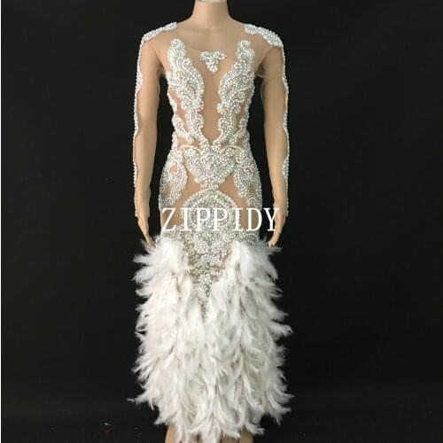 Fashion Feather Stones Pearls Dress Women Party Prom Outfit Birthday Celebrate Stretch Long Dress Dancer Long Dress