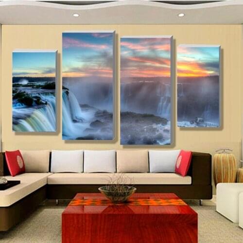 New 4 panel sets beautiful waterfall landscape painting flowers modern pictures on canvas artwork print customized picture