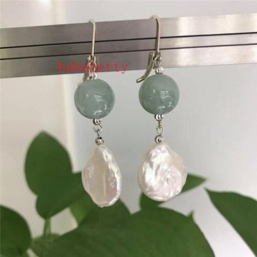 Natural white 16-20MM irregular coin shape pearls and Natural 12MM jades 925 sterling silver hooks earrings