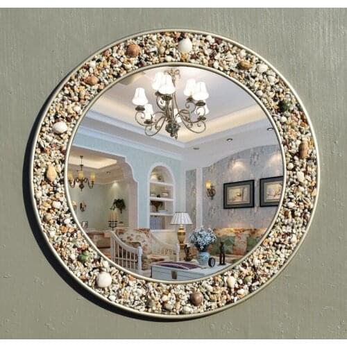 New European Style Mediterranean Bathroom Mirror Natural Colored Stone Shell Mosaic round Bathroom Mirror Cosmetic wall mirror