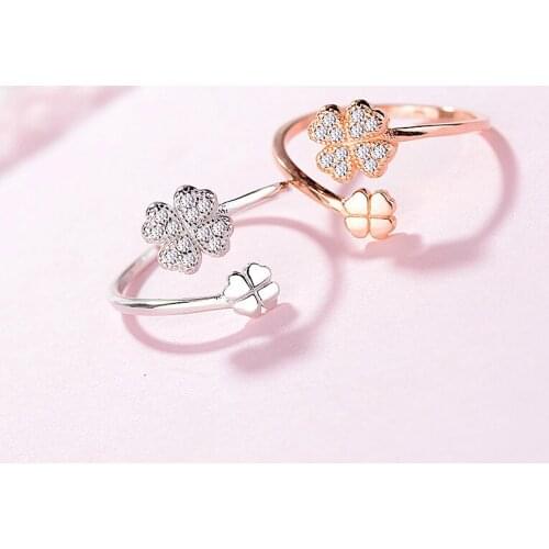 Korean version of simple wedding ring opening four-leaf clover opening adjustable ring female inlaid zircon jewelry couple gift