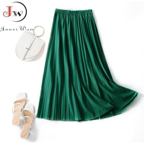 Casual Women Pleated Skirt 2021 Spring Summer Solid High Waist Elegant Office Ladies Long Skirt Female Saia Faldas Female Bottom