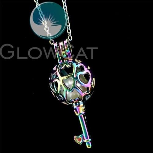 R-C883 Rainbow Colors Heart Key Beads Cage Pendant Perfume Diffuser Oyster Pearl Cage Locket Necklace