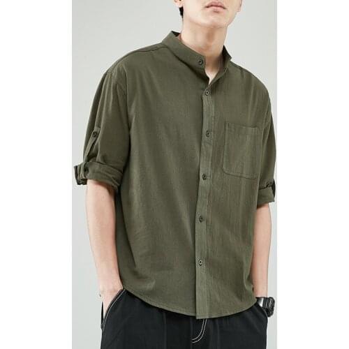 Cotton Linen Men Shirt Streetwear 3/4 Sleeve Button Down Shirt With Pocket Casual Stand Collar MenS Blouse Tops Camisas KK3556