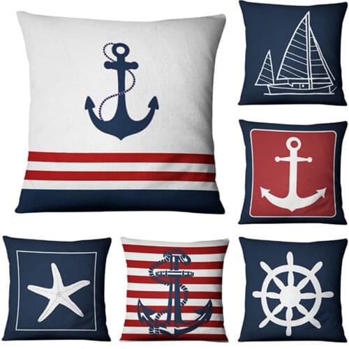 Blue Nautical Throw Pillows Cover Sea Sailing Linen Compass Anchor Pillowcase Navigation Sofa Home Car Decorative Cushion Cover