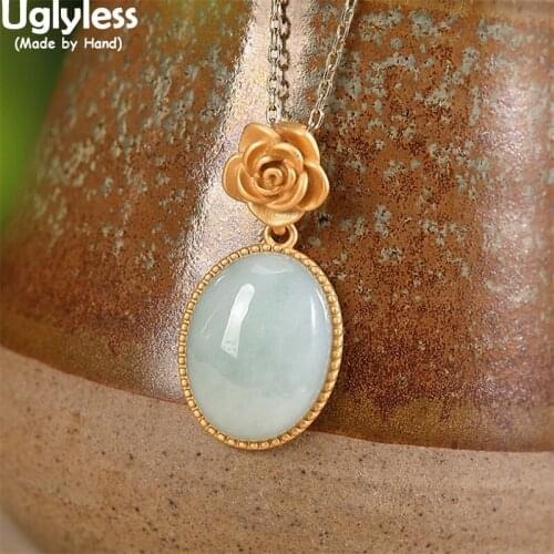 Uglyless Romantic Gold Floral Pendants for Women Oval Emerald Necklaces No Chains Natural Gemstones 925 Silver Statement Jewelry