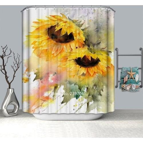 Bathtub Decoration Yellow Sunflower Retro Wooden Door Garden Landscape Shower Curtain Waterproof and Mildew Resistant Hook