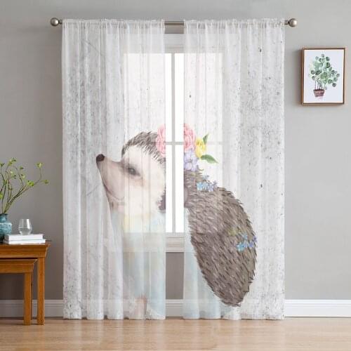 Watercolor Flowers Animal Hedgehog Window Curtains Bedroom Modern Drape Sheer Tulle Valances Living Room Kitchen Voile Curtain