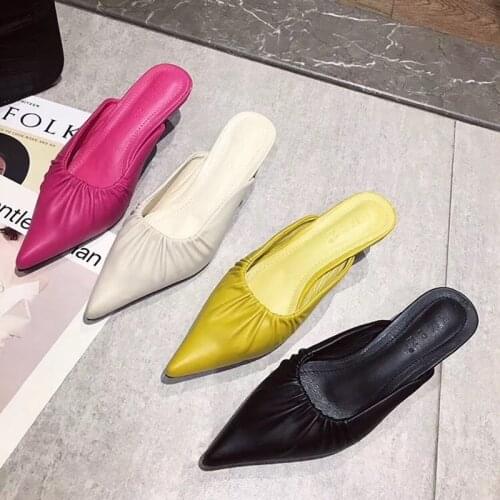 Women Mules Shoes 2020 Summer New Elegant Ladies Low Heels Slides Pointed Toe Slip On Slippers Outdoor Casual Sandal Slides Shoe