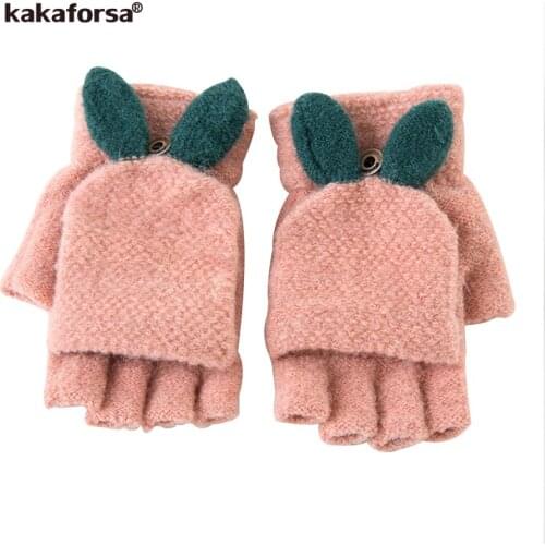 Kakaforsa Female Winter Knit Warm Half Finger Clamshell Gloves Women Student Cute Rabbit Ears Two Uses Mitten Cycling Gloves QK