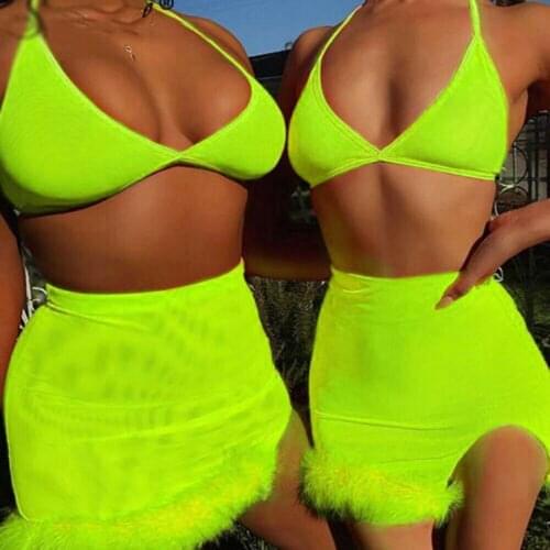Sexy Spaghetti Strap Feather Spliced Two Piece Set Women Set Summer Sleeveless Backless Neon green Casual Beach Set Clothes