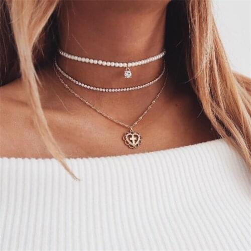 Simulated Pearl Women Necklaces & Pendants 3 Multilayered Necklace Heart Love Charm Crystal Collar Choker Layered Chain Necklace