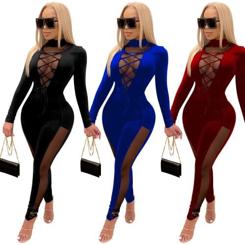 2021 New Women Sexy Solid Jumpsuits Bandage Deep V-neck See-through Club Party Playsuits One Piece Overalls for Ladies