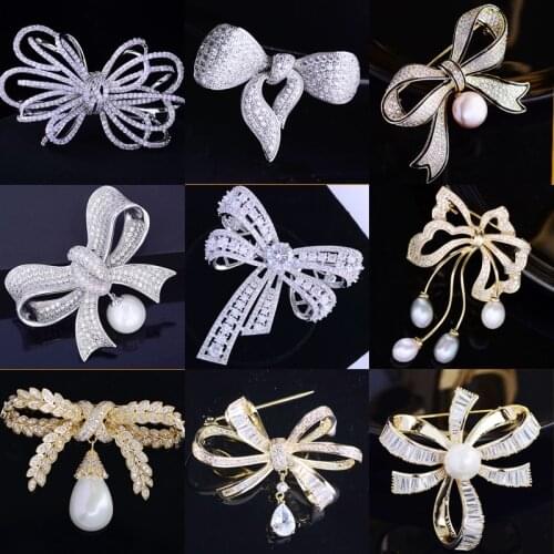 2021 Womens Bow-knot Brooches Elegant Pearl Zircon Tassel Brooch Pin Cute Bow Pins Jewelry Accessories broches para ropa mujer